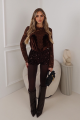 MISHA CHOCOLATE VELVET LACE HIGH NECK TOP