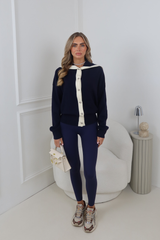 VIOLET NAVY CONTRAST SILVER BUTTON UP FOLD OVER NECK CARDIGAN
