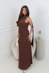 MABEL CHOCOLATE SATIN NECK DRAPE DRESS