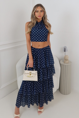 NAOMI NAVY POLKA DOT RUFFLE MAXI SKIRT & HALTER TOP