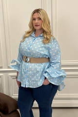 CURVE JANE BLUE POLKA DOT RUFFLE CUFF SHIRT