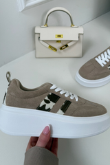 PIPER BEIGE COW PRINT STRIPE PLATFORM TRAINERS
