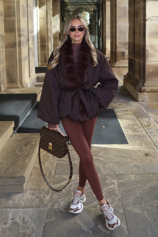 GRACIE CHOCOLATE TIE WAIST FUR COLLAR JACKET