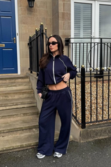 Elise navy contrast piping zip through jacket & trouser loungewear