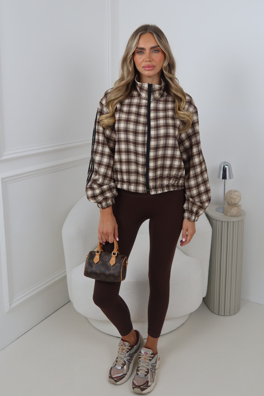 MAXINE CHOCOLATE CHECK STRIPE DETAIL ZIP UP JACKET