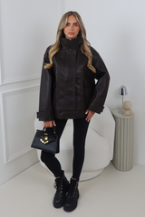 GRACIE CHOCOLATE LEATHER OVERISZED HIGH NECK BUCKLE JACKET