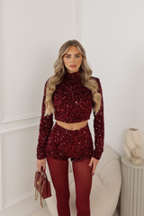 ROXANNE BURGUNDY SEQUIN SHORTS