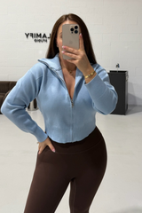 MANDY BABY BLUE FULL ZIP RIBBED HIGH NECK CARDIGAN