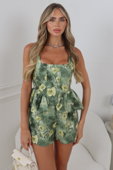NANCY GREEN FLORAL CORSET PEPLUM TOP & SHORTS TWO PIECE SET