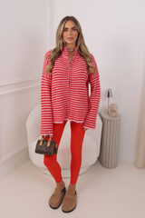 FIONA PINK RED STRIPE FUZZY KNIT ZIP UP CARDIGAN