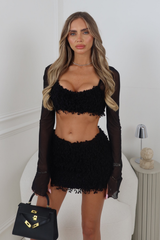 CARA BLACK FLUFFY MINI SKIRT & MESH LONG SLEEVE CROP TOP TWO PIECE SET