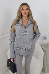 PAISLEY GREY KNITTED FULL ZIP HIGH NECK CARDIGAN