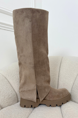 Alivia beige faux suede knee high flat boots