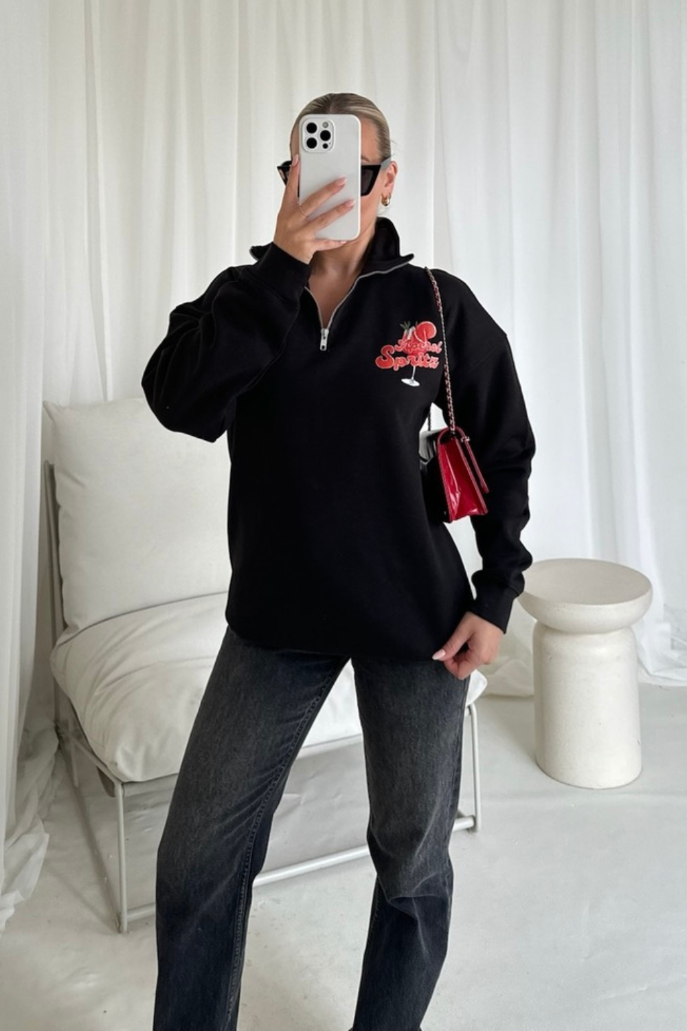 Aperol Spritz black 3/4 zip up printed sweater – Glamify Famous