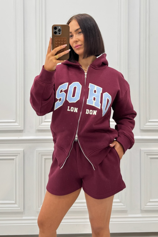 SOHO LONDON PRINTED BURGUNDY FULL ZIP JACKET