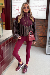 HAYLEY BURGUNDY WOOL LEATHER CONTRAST ZIP UP PUFF JACKET