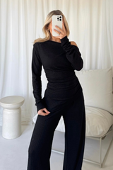 Kaci black draped long sleeve top and trouser co-ord