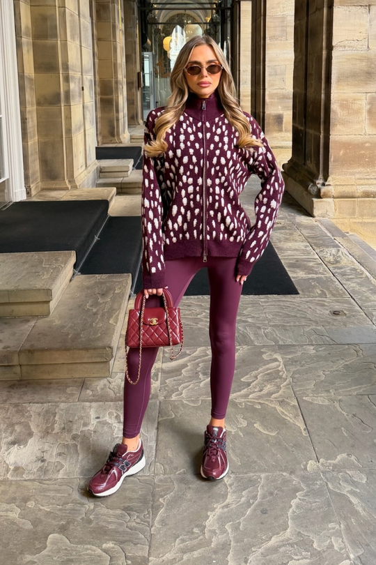 CAITLIN BURGUNDY DEER PRINT ZIP UP JUMPER