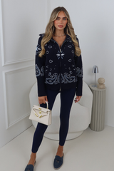 PAISLEY NAVY KNITTED FULL ZIP HIGH NECK CARDIGAN