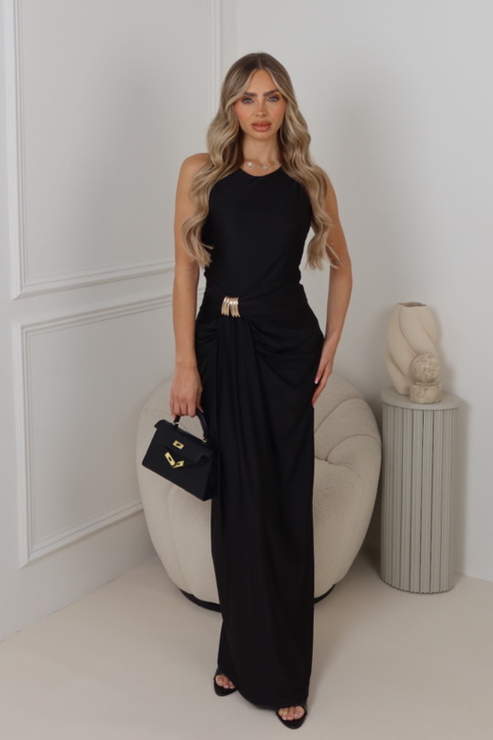 Malina Black Gold Buckle Draped Dress - 8-12 Malina Black Gold Buckle Draped Dress - 8-12