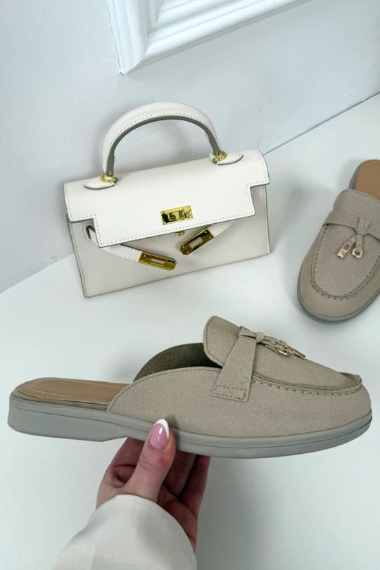 AMELIA CREAM FAUX SUEDE GOLD TASSLE BACKLESS MULE