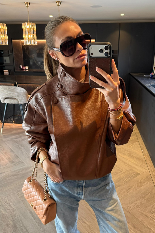 ACE CHOCOLATE FAUX LEATHER HIGH NECK JACKET