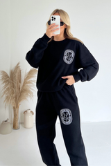 Sporty & wealthy black printed embroidered joggers premium loungewear