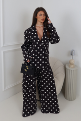 JULIETTE BLACK POLKA DOT BLAZER AND TROUSER CO ORD TWO PIECE SET