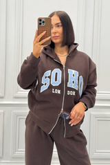 SOHO LONDON PRINTED CHOCOLATE FULL ZIP JACKET