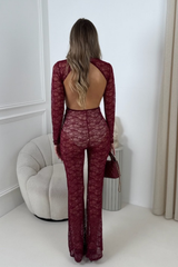 TALIA BURGUNDY LACE DIAMANTE HIGH NECK LONG SLEEVE BACKLESS JUMPSUIT