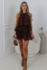 LUCIA CHOCOLATE RUFFLED HALTER NECK MINI DRESS