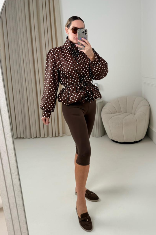 GABRIELLA CHOCOLATE POLKA DOT BELTED PUFF SLEEVE HIGH NECK JACKET