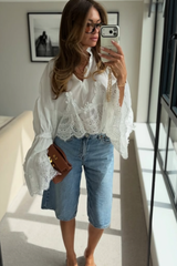 ELLE WHITE BOHO STYLE CROPPED LACE FLARE SLEEVE BLOUSE