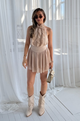 Kayla beige ruffle halterneck top & skirt co ord