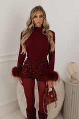 LAYLA BURGUNDY FUR CUFF LONG SLEEVE TOP