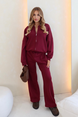Rosa burgundy bomber jacket and straight leg jogger loungewear