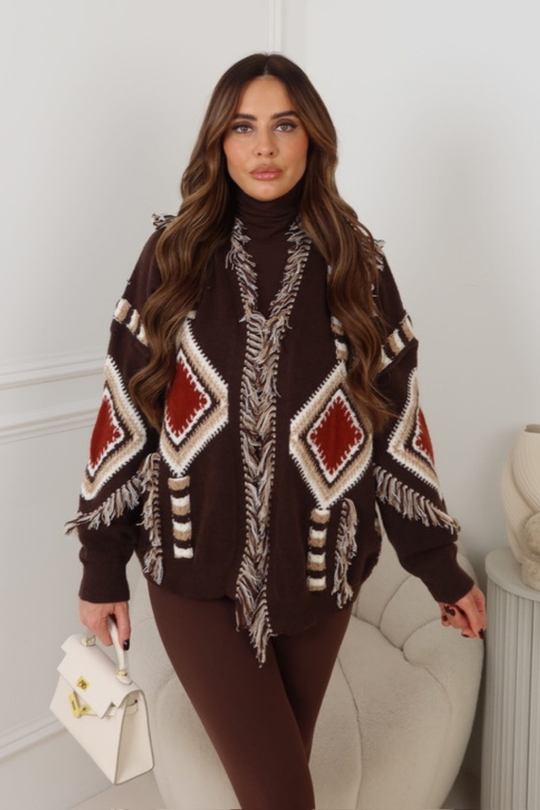 JENKO CHOCOLATE AZTEC KNITTED CARDIGN