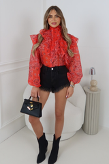BETHAN RED PAISLEY PRINT RUFFLE BLOUSE