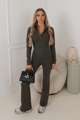 ASHER KHAKI FULL ZIP JACKET AND RUCHED BUM FLARED LEGGINGS