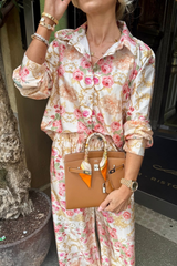 Charlie beige floral satin shirt and trouser co-ord One Size (6-14) Loungewear cash n carry