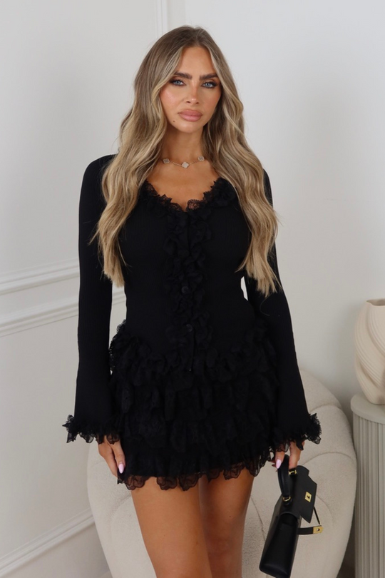 Skyler black knit lace top & ruffle mini skirt co ord