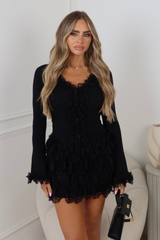 Skyler black knit lace top & ruffle mini skirt co ord