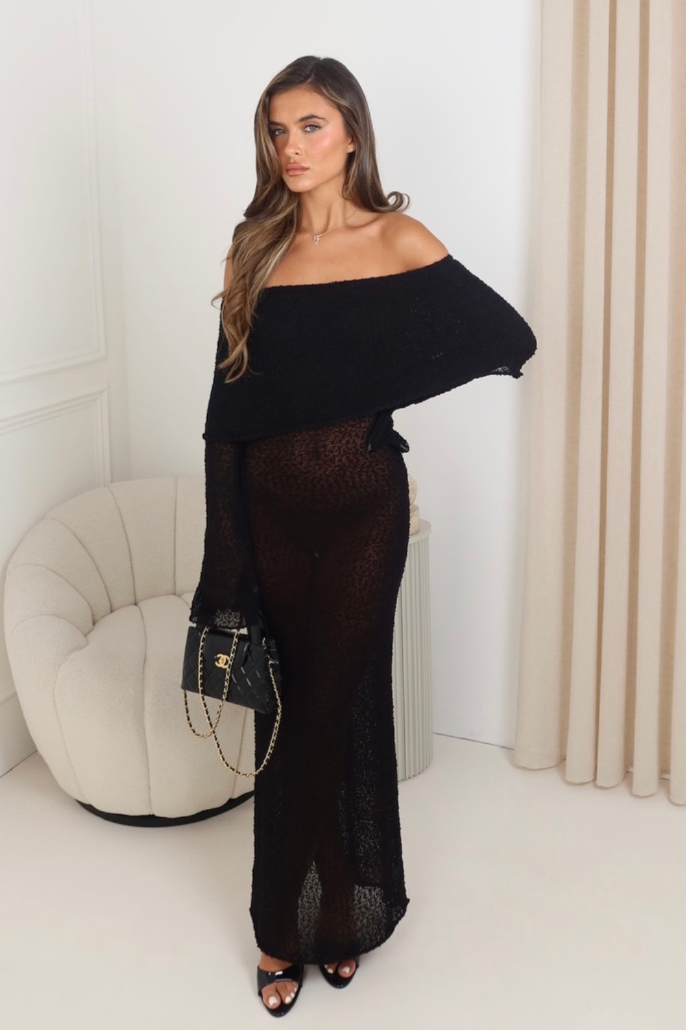 Hailey black knit bardot maxi dress – Glamify Famous For Loungewear