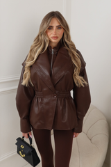 COLE CHOCOLATE FAUX LEATHER HIGH NECK ZIP JACKET