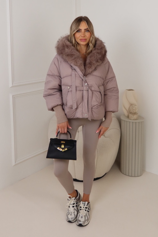 Layla taupe puffer faux fur coat