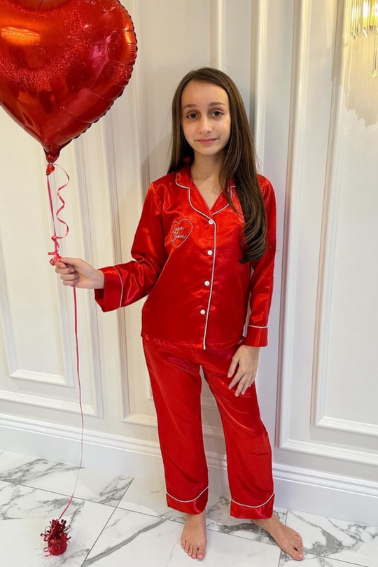 Mini Love you red satin embroidered pyjamas