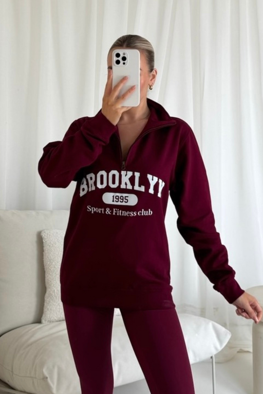 Brooklyn burgundy printed 3/4 zip sweater