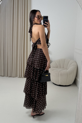 NAOMI CHOCOLATE POLKA DOT RUFFLE MAXI SKIRT & HALTER TOP