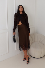 DRAYA CHOCOLATE LACE EDGED MIDI SATIN SLIP SKIRT