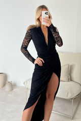 Stella black lace plunge neck maxi dress
